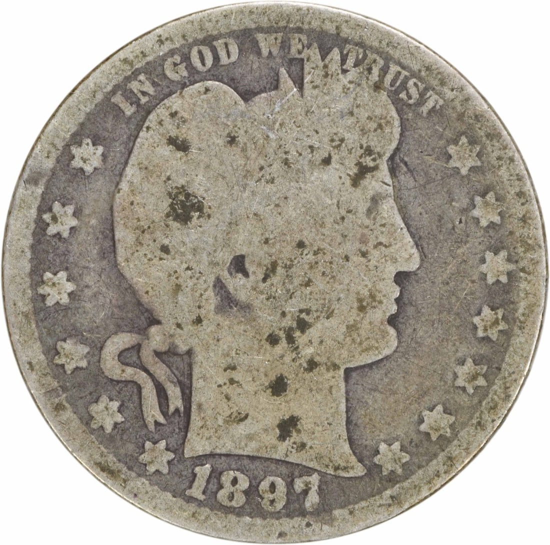1897-O Barber Quarter 90% Silver Circulated Coin Uncertified: 1897-O Barber Quarter 90% Silver Circulated Coin Uncertified This 1897-O Barber Silver Quarter is a historical piece from the United States, featuring a grade of Good (G) and showcasing the renowned d