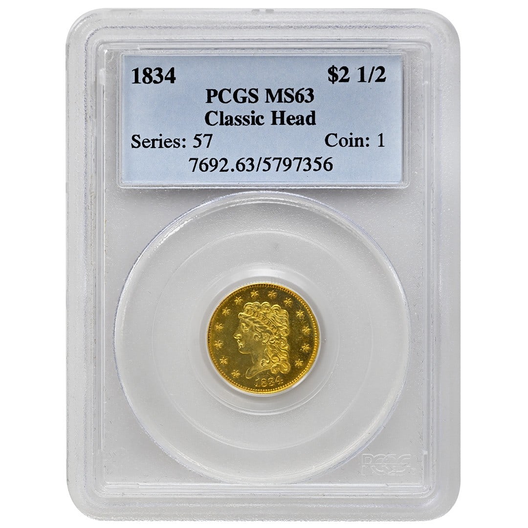 1834 Gold Quarter Eagle PCGS MS63: 1834 Gold Quarter Eagle PCGS MS63 This 1834 $2.50 Classic Head gold coin is certified by PCGS with a grade of MS63, indicating a well-preserved, uncirculated condition. Struck in Philadelphia, this ra