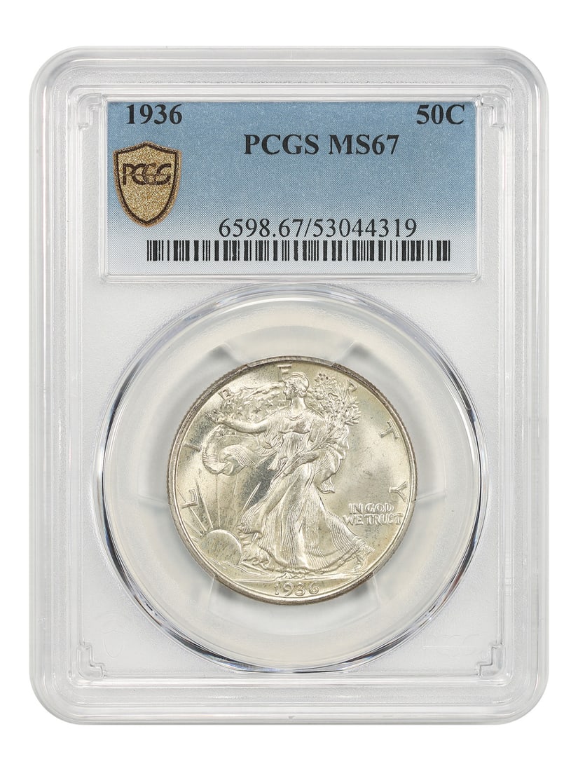 PCGS MS67 1936 Philadelphia Walking Liberty 50C Half Dollar: PCGS MS67 1936 Philadelphia Walking Liberty 50C Half Dollar This 1936 Walking Liberty Half Dollar is graded MS67 by PCGS and features a lustrous, bubbly champagne hue. Struck in Philadelphia, this unc