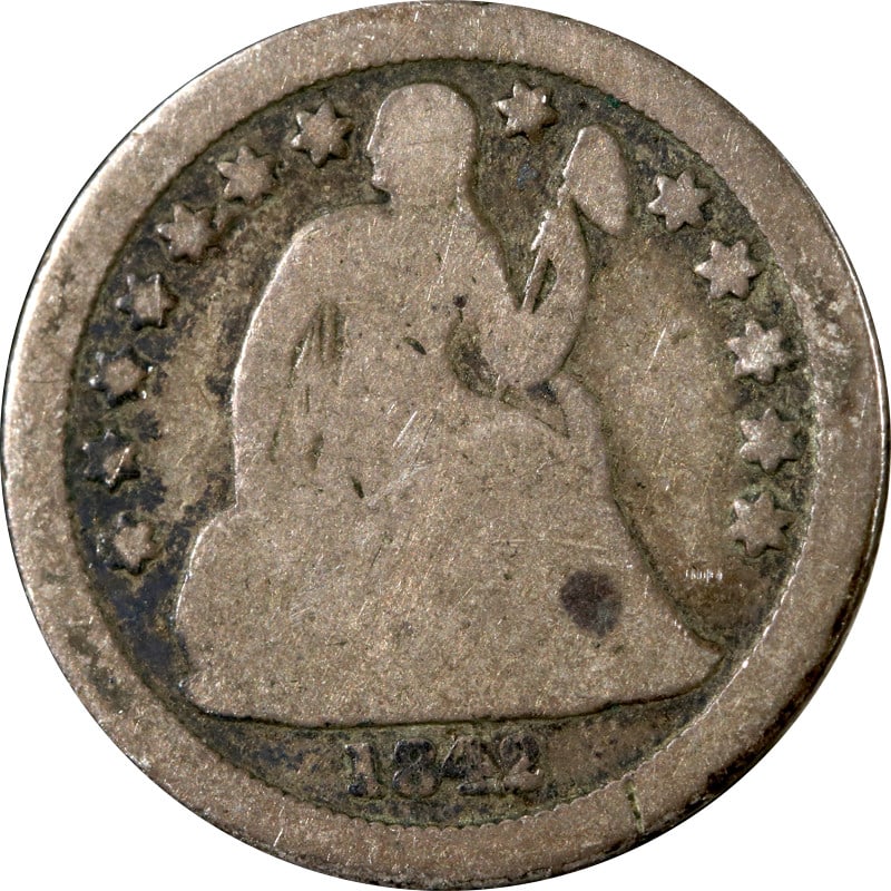 1842 Silver Dime from New Orleans Mint Seated Liberty Design: 1842 Silver Dime from New Orleans Mint Seated Liberty Design This is a 1842-O Seated Liberty Dime from the United States, minted in New Orleans. The coin is composed of silver with a fineness of 0.9 a