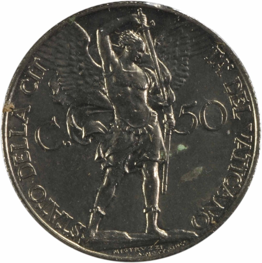 1929 Nickel 50 Centesimi KM4 Uncirculated Coin Vatican City Uncertified: 1929 Nickel 50 Centesimi KM4 Uncirculated Coin Vatican City Uncertified This is a 1929 Vatican City 50 Centesimi coin composed of nickel. The coin is uncirculated and uncertified, offering a preserved