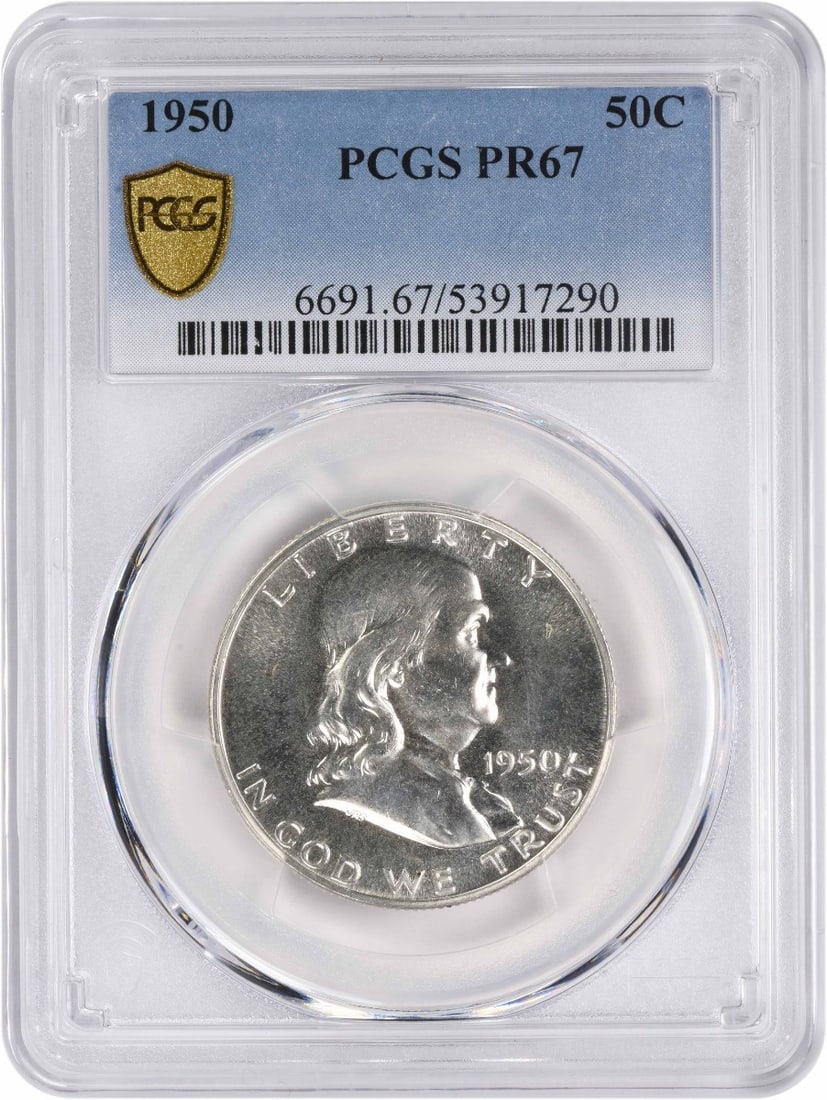 1950 Franklin Half Dollar Proof PR67 PCGS 90% Silver: 1950 Franklin Half Dollar Proof PR67 PCGS 90% Silver This 1950 Franklin Half Dollar, graded PR67 by PCGS, is a stunning example of American coinage. Minted in Philadelphia, this uncirculated proof coi