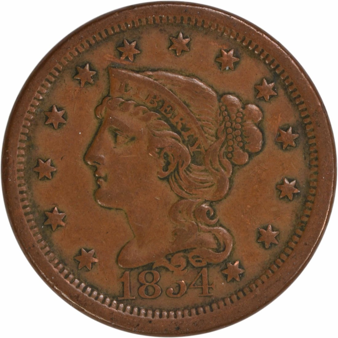 1854 Braided Hair Large Cent Copper EF Uncertified: 1854 Braided Hair Large Cent Copper EF Uncertified This 1854 Large Cent, featuring the Braided Hair design by Christian Gobrecht, is an excellent addition for any coin collector. It is in EF (Extremel