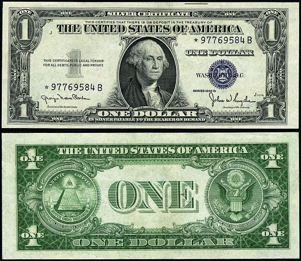 1935-D $1 Silver Certificate FR 1613 N* B Block CU+ Star: 1935-D $1 Silver Certificate FR 1613 N* B Block CU+ Star This 1935-D $1 Silver Certificate (FR. 1613 N* *-B Block) is in uncirculated condition with a grade of CU+. It features excellent paper quality