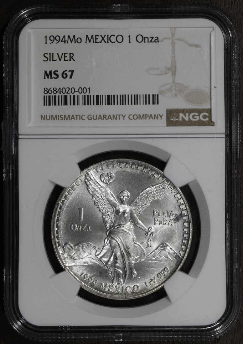 1994 Mexico Libertad 1 oz Silver NGC MS67: 1994 Mexico Libertad 1 oz Silver NGC MS67 This is a 1994 Mexican Libertad 1 oz silver coin, graded MS 67 by NGC. Struck in .999 fine silver by the Mexican Mint, this pre-owned coin is a certified coll