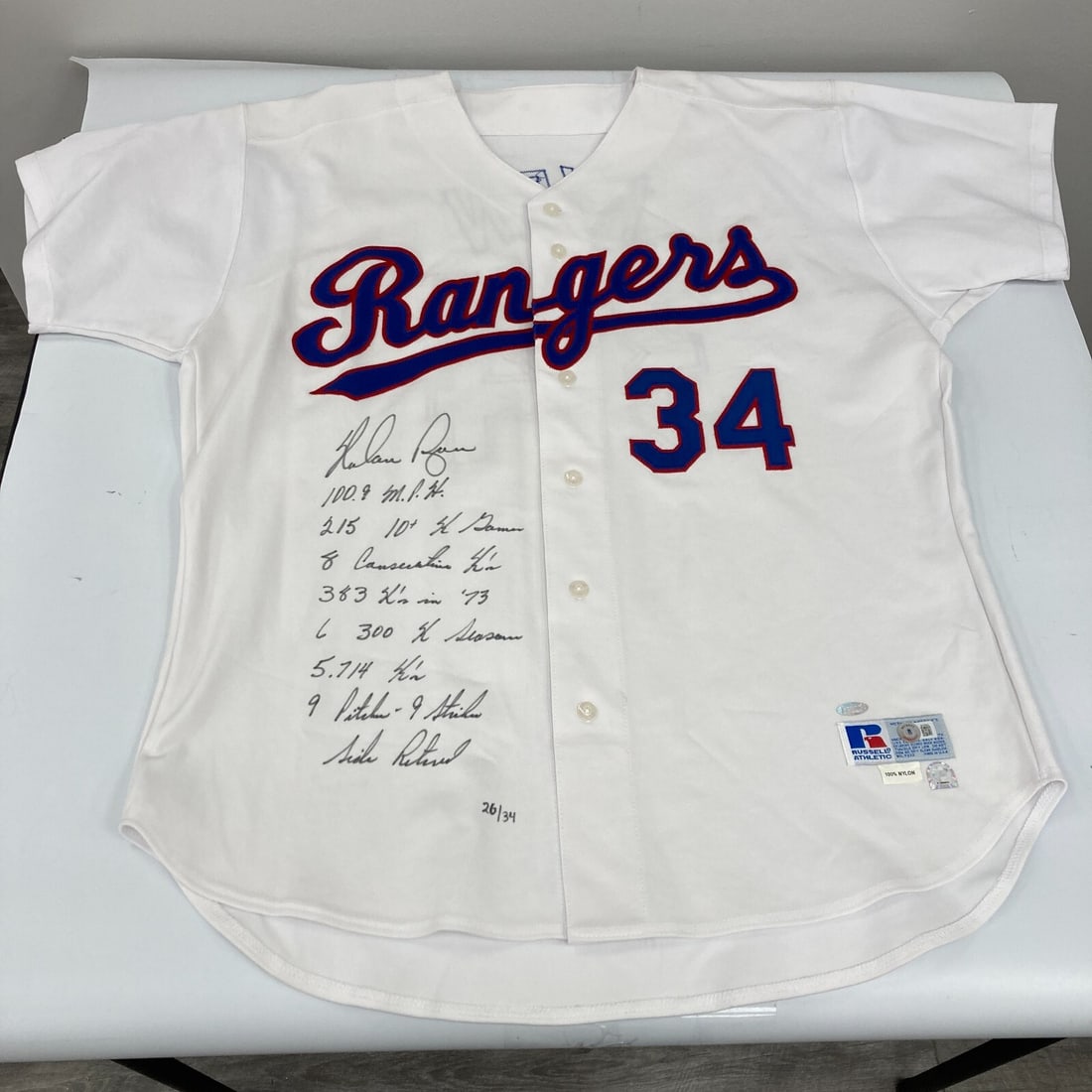 Nolan Ryan Signed Texas Rangers Jersey with 7 Career Stats Beckett Certified: Nolan Ryan Signed Texas Rangers Jersey with 7 Career Stats Beckett Certified This original 1990's Texas Rangers jersey is a must-have for any baseball fan, especially those who admire the legendary No