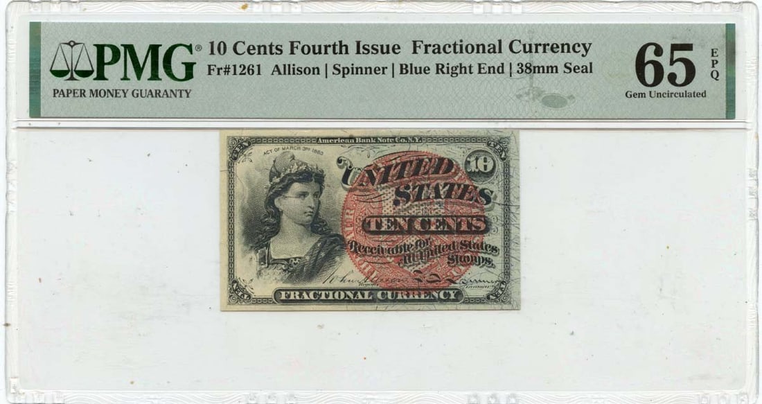 Fourth Issue 10 Cent Fractional Currency Blue End PMG Gem 65 EPQ: Fourth Issue 10 Cent Fractional Currency Blue End PMG Gem 65 EPQ This Fourth Issue 10 Cents Fractional Currency note from the United States is certified by PMG with a GEM 65 EPQ grade. The note featur