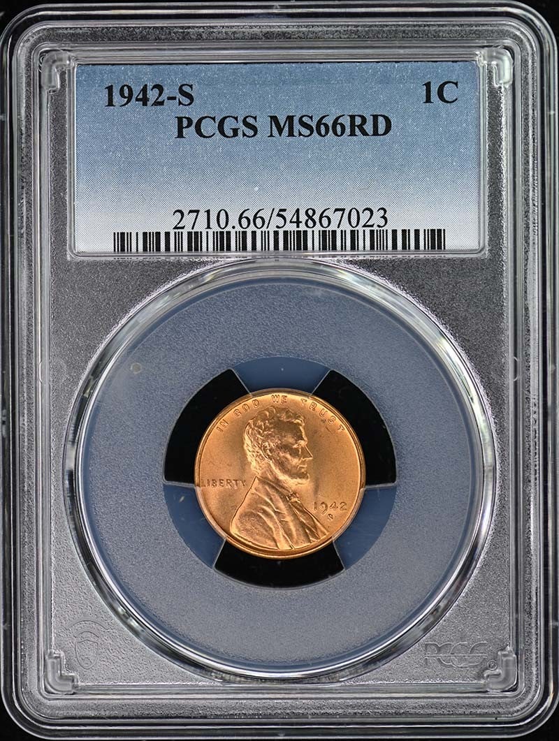 1942-S Lincoln Cent Type 1 Wheat Reverse PCGS MS66RD: 1942-S Lincoln Cent Type 1 Wheat Reverse PCGS MS66RD This 1942-S Lincoln Cent features a Type 1 Wheat Reverse and has been graded as MS66RD by PCGS, ensuring its high quality and uncirculated conditio