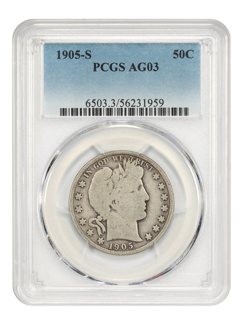 PCGS AG03 1905-S Barber Half Dollar 50C: PCGS AG03 1905-S Barber Half Dollar 50C This 1905 Barber Half Dollar features a 50-cent denomination and was minted in San Francisco. The coin is certified by PCGS and is in pre-owned condition, grade