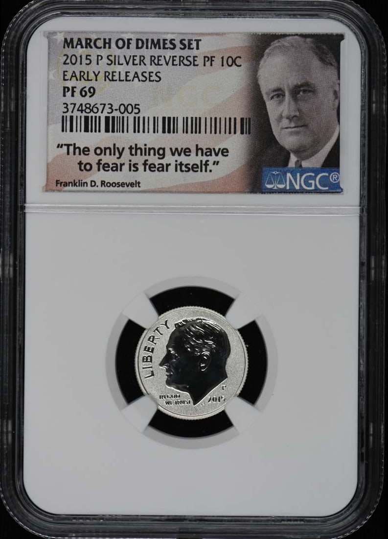 2015 Philadelphia Silver Roosevelt Dime NGC PR69 Early Releases: 2015 Philadelphia Silver Roosevelt Dime NGC PR69 Early Releases This 2015 Roosevelt Dime is part of the March of Dimes commemorative series and was struck at the Philadelphia Mint. Certified by NGC wi