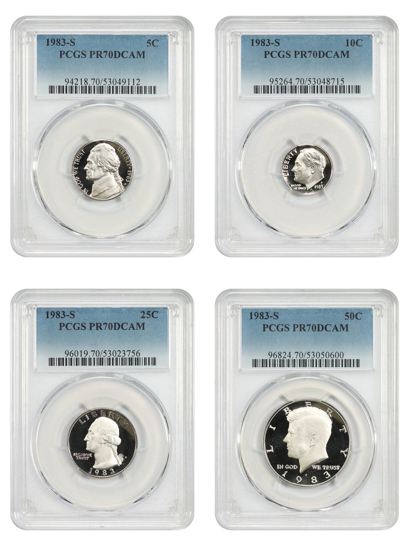 PCGS PR70DCAM 1983-S Jefferson Nickel Coin Set 4 Pieces: PCGS PR70DCAM 1983-S Jefferson Nickel Coin Set 4 Pieces This lot includes four 1983-S proof coins, each graded PR70DCAM by PCGS. The set features the Jefferson Nickel (5C), along with the Dime (10C), 