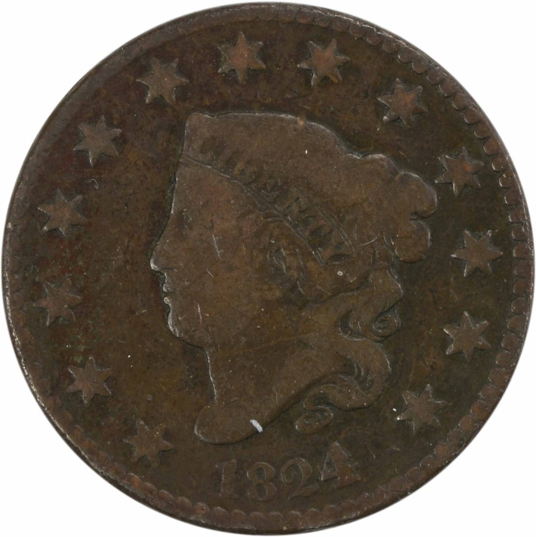 1824 Large Cent Coronet Head Copper Coin VG Uncertified (1 of 2)