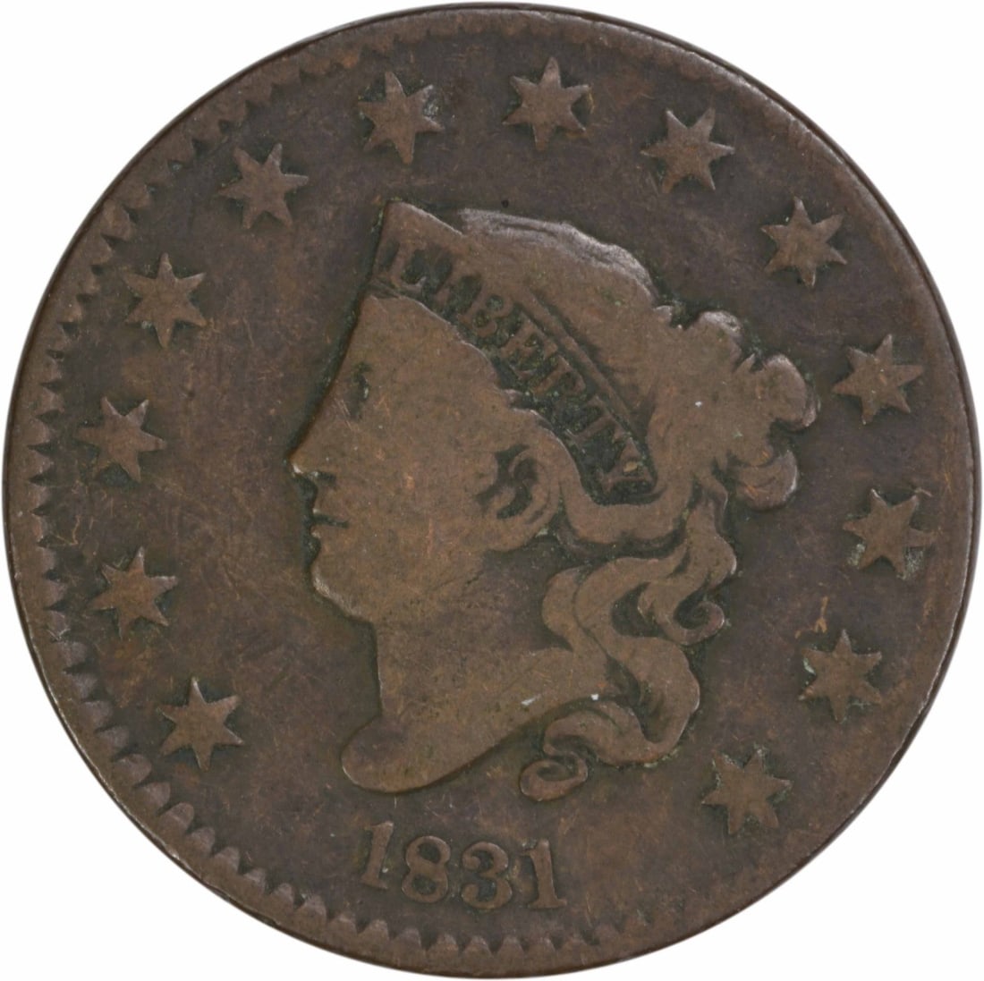 1831 Coronet Head Large Cent Copper VG Uncertified: 1831 Coronet Head Large Cent Copper VG Uncertified This 1831 Large Cent features the Coronet Head design and is crafted from copper. As a circulated coin, it is graded as Very Good (VG) and showcases 