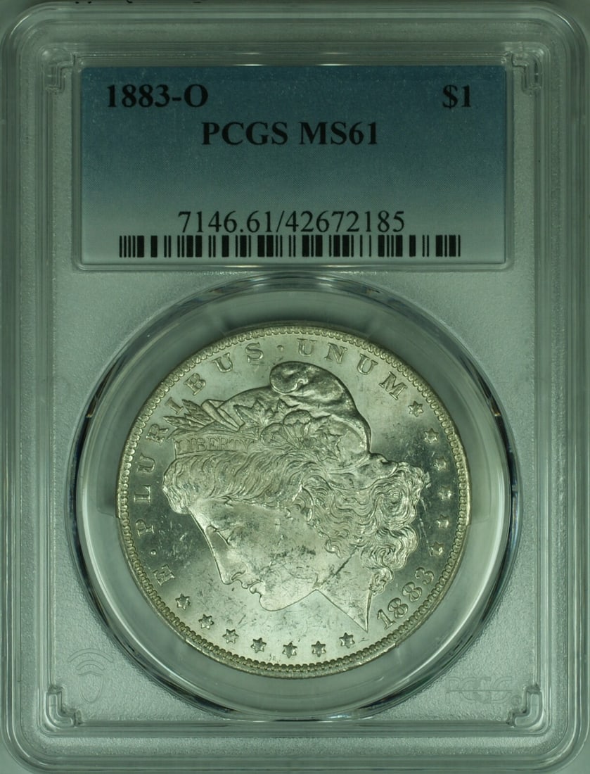 PCGS MS61 1883-O Morgan Silver Dollar New Orleans Mint Uncirculated $1 Coin: PCGS MS61 1883-O Morgan Silver Dollar New Orleans Mint Uncirculated $1 Coin This is an 1883-O Morgan Silver Dollar coin, certified by PCGS with a grade of MS 61. Minted in New Orleans, this uncirculat