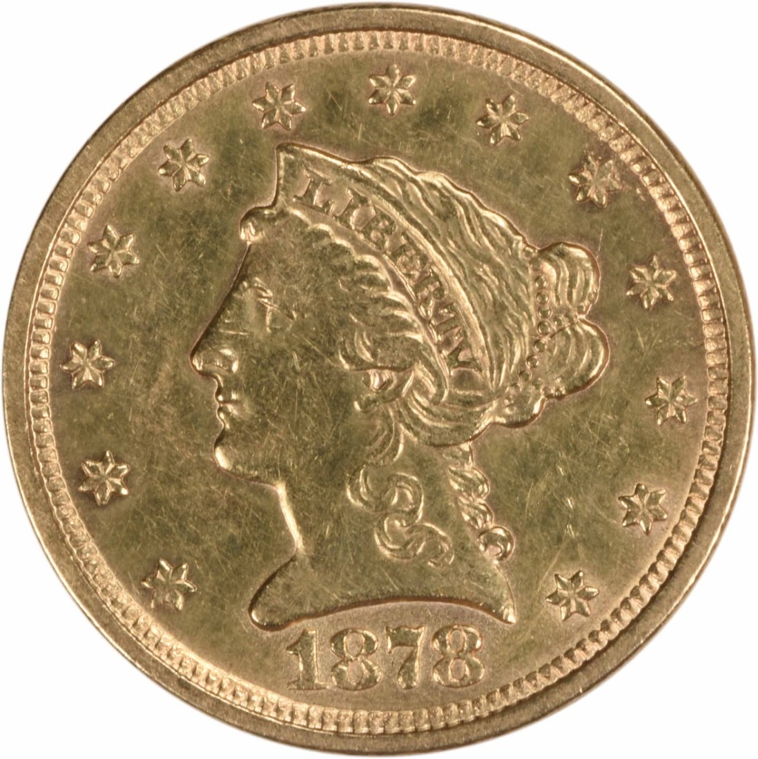 1878 $2.50 Gold Liberty Head Coin AU Uncertified Limited Mintage: 1878 $2.50 Gold Liberty Head Coin AU Uncertified Limited Mintage This 1878 $2.50 Gold Liberty Head coin features a striking design by renowned engraver Christian Gobrecht. As an AU (About Uncirculated