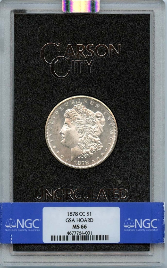 NGC MS66 1878 Carson City Morgan Silver Dollar GSA Hoard: NGC MS66 1878 Carson City Morgan Silver Dollar GSA Hoard This is an uncirculated 1878-CC Morgan Dollar from the GSA Hoard, certified by NGC with a grade of MS66. The coin was minted in Carson City and