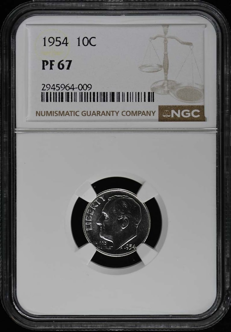1954 Roosevelt Dime Silver NGC PR67 Proof Uncirculated: 1954 Roosevelt Dime Silver NGC PR67 Proof Uncirculated This 1954 Roosevelt Dime is a remarkable piece of numismatic history, certified by NGC with a grade of PR67, indicating its exceptional quality. 
