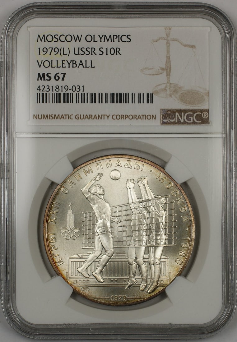 1979 Moscow Olympics Volleyball 10 Roubles NGC MS 67 Silver Coin: 1979 Moscow Olympics Volleyball 10 Roubles NGC MS 67 Silver Coin This 1979 USSR Moscow Olympics Volleyball 10 Roubles silver coin commemorates the Moscow Olympic Games. Struck in the Russian Federatio