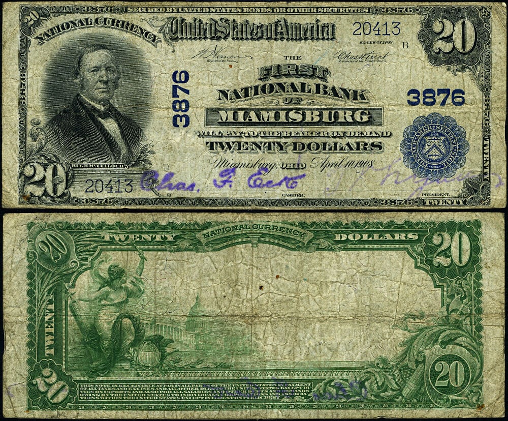 1902 $20 National Bank Note Miamisburg Ohio Ch #3876 Circulated: 1902 $20 National Bank Note Miamisburg Ohio Ch #3876 Circulated This 1902 PB National Bank Note from Miamisburg, Ohio, is a notable collectible for currency enthusiasts. With a denomination of $20, th