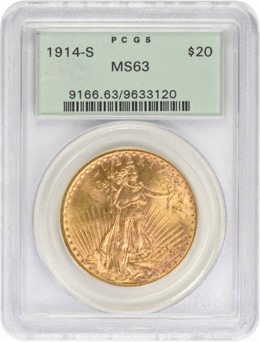 PCGS MS63 1914-S Saint Gaudens $20 Gold Double Eagle: PCGS MS63 1914-S Saint Gaudens $20 Gold Double Eagle This 1914 $20 Gold St. Gaudens coin, designed by Augustus Saint Gaudens, was minted in San Francisco. Graded MS63 by PCGS, this pre-1933 coin is co