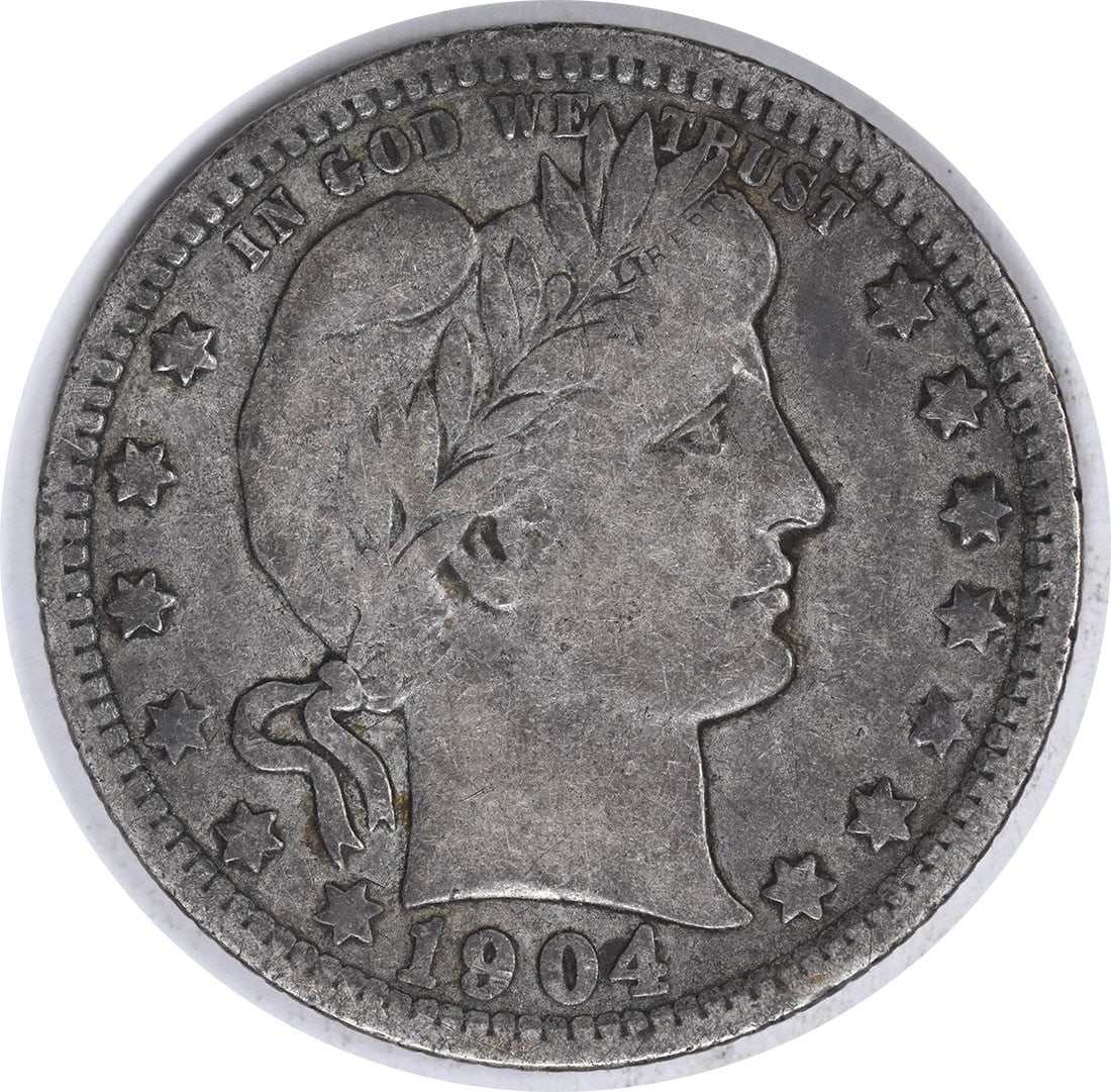 1904-O Barber Silver Quarter 25C by Charles E. Barber: 1904-O Barber Silver Quarter 25C by Charles E. Barber This 1904-O Barber Silver Quarter is a notable piece from the New Orleans mint, featuring a classic design by Charles E. Barber. The coin is in Fa