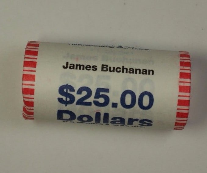 Roll of 25 2010 James Buchanan Presidential Dollar Coins: Roll of 25 2010 James Buchanan Presidential Dollar Coins This is a roll of 25 uncirculated 2010 James Buchanan Presidential $1 coins, still in the original bank wrapping. The coins are composed of cop