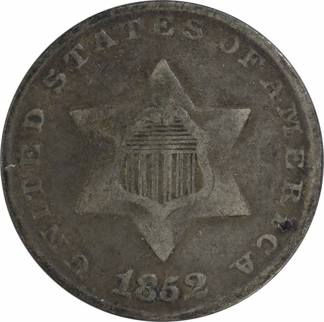 1852 Three Cent Silver Coin Uncertified VF Philadelphia Mint: 1852 Three Cent Silver Coin Uncertified VF Philadelphia Mint This 1852 Three Cent Silver coin, featuring a grade of VF (Very Fine), showcases the artistry of designer James Barton Longacre. Minted in 
