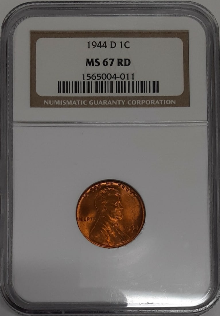 1944 Denver Lincoln Wheat Cent NGC MS-67 Red Copper: 1944 Denver Lincoln Wheat Cent NGC MS-67 Red Copper This is a 1944-D Lincoln Wheat Cent, certified by NGC with a grade of MS-67 RD. Minted in Denver, this uncirculated small cent is composed of copper
