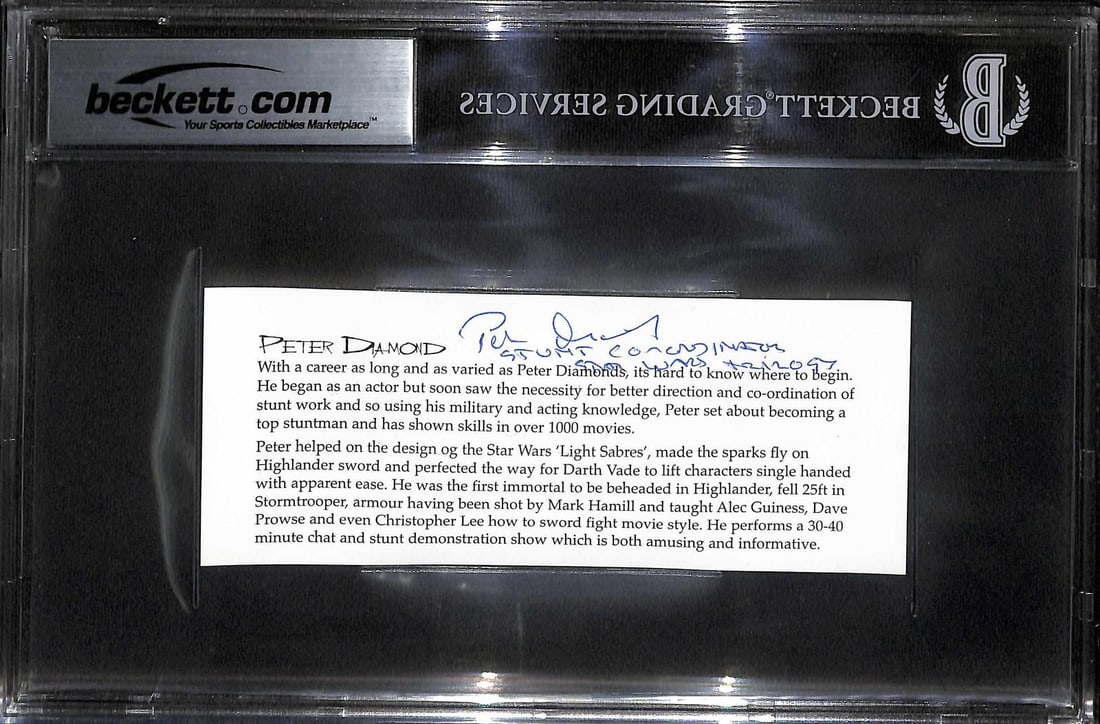 Beckett Authenticated Star Wars Dual Signed Cut Peter Diamond Benedict Taylor: Beckett Authenticated Star Wars Dual Signed Cut Peter Diamond Benedict Taylor This is a dual-signed Star Wars cut display, professionally encapsulated and authenticated by Beckett Authentication Servi