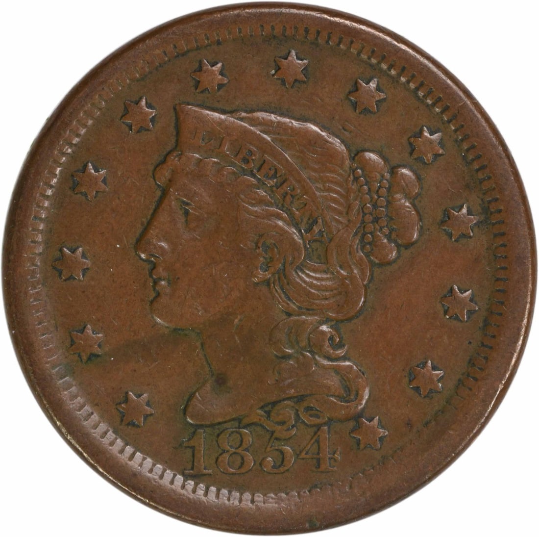 1854 Braided Hair Large Cent Coin Philadelphia EF Uncertified: 1854 Braided Hair Large Cent Coin Philadelphia EF Uncertified This 1854 Large Cent features the iconic Braided Hair design by Christian Gobrecht and is composed of copper. Minted in Philadelphia, this
