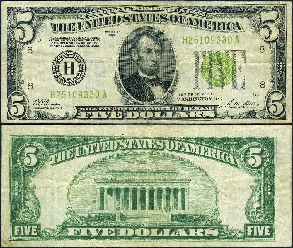1928-B St Louis $5 Federal Reserve Note VF Pinholes: 1928-B St Louis $5 Federal Reserve Note VF Pinholes This is a 1928-B $5 Federal Reserve Note from the United States, featuring the St. Louis H-A Block and a Light Green Seal. The note is circulated an