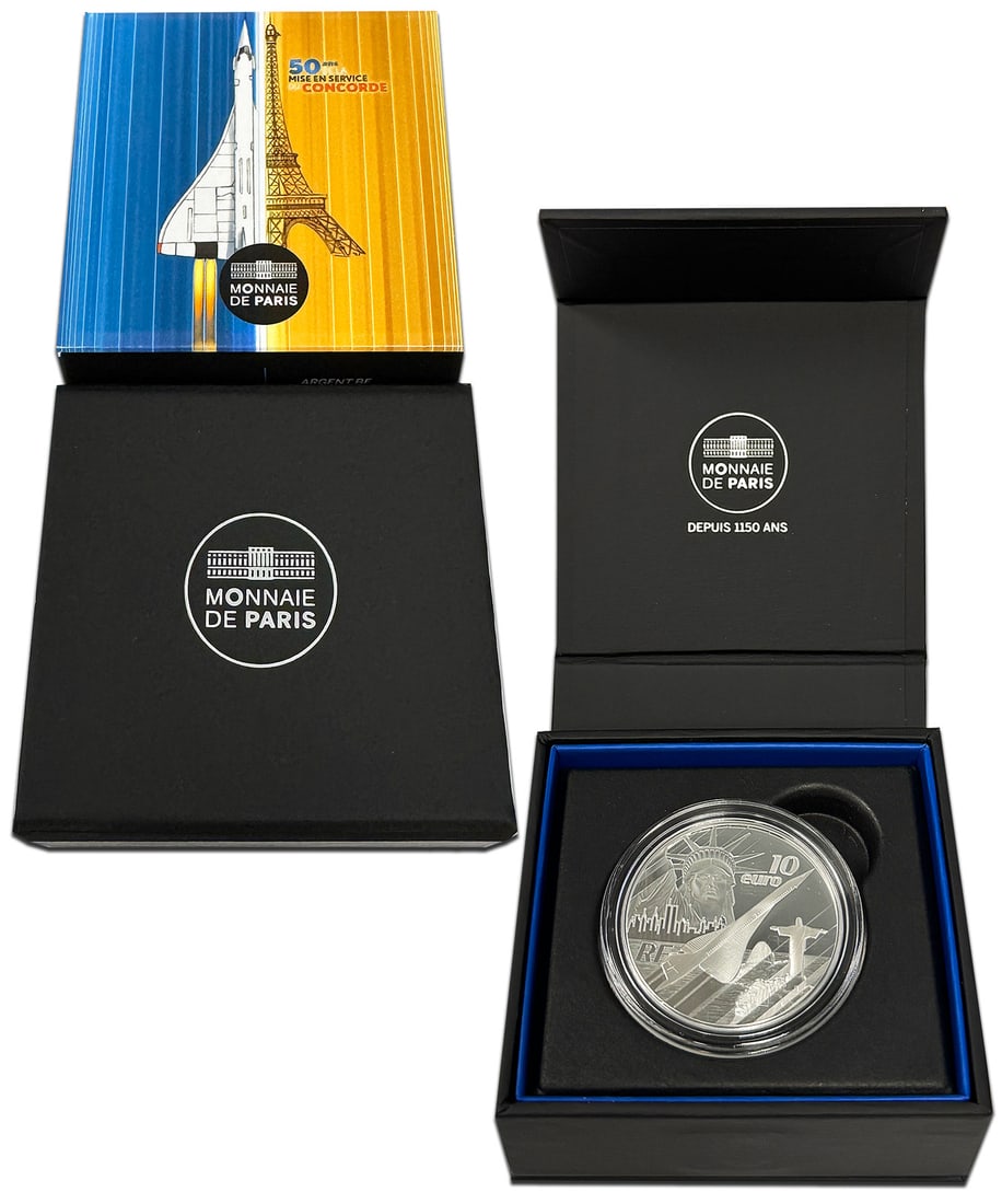 2026 10 Euro Silver Coin Featuring Concorde with Box and COA: 2026 10 Euro Silver Coin Featuring Concorde with Box and COA This 2026 10 Euro silver coin from France celebrates the iconic Concorde supersonic passenger plane. Struck in .713 ounces of silver, the c