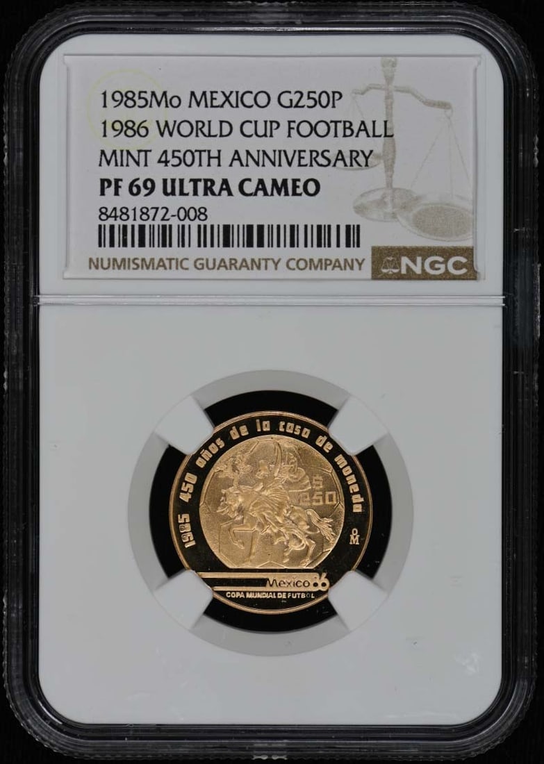 1985 Mexico World Cup Soccer Coin NGC PR69DCAM KM-506.2 .25oz: 1985 Mexico World Cup Soccer Coin NGC PR69DCAM KM-506.2 .25oz This stunning coin commemorates the 1985 Mexico World Cup Soccer event, featuring the KM-506.2 design. It is certified by NGC with a grade