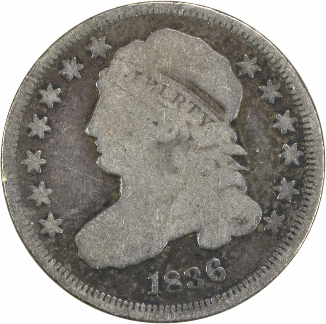 1836 Capped Bust Silver Dime 10C Philadelphia Uncertified: 1836 Capped Bust Silver Dime 10C Philadelphia Uncertified This 1836 Bust Silver Dime features a classic Capped Bust design, crafted from a composition of 89.2% silver and 10.8% copper. Minted in Phila