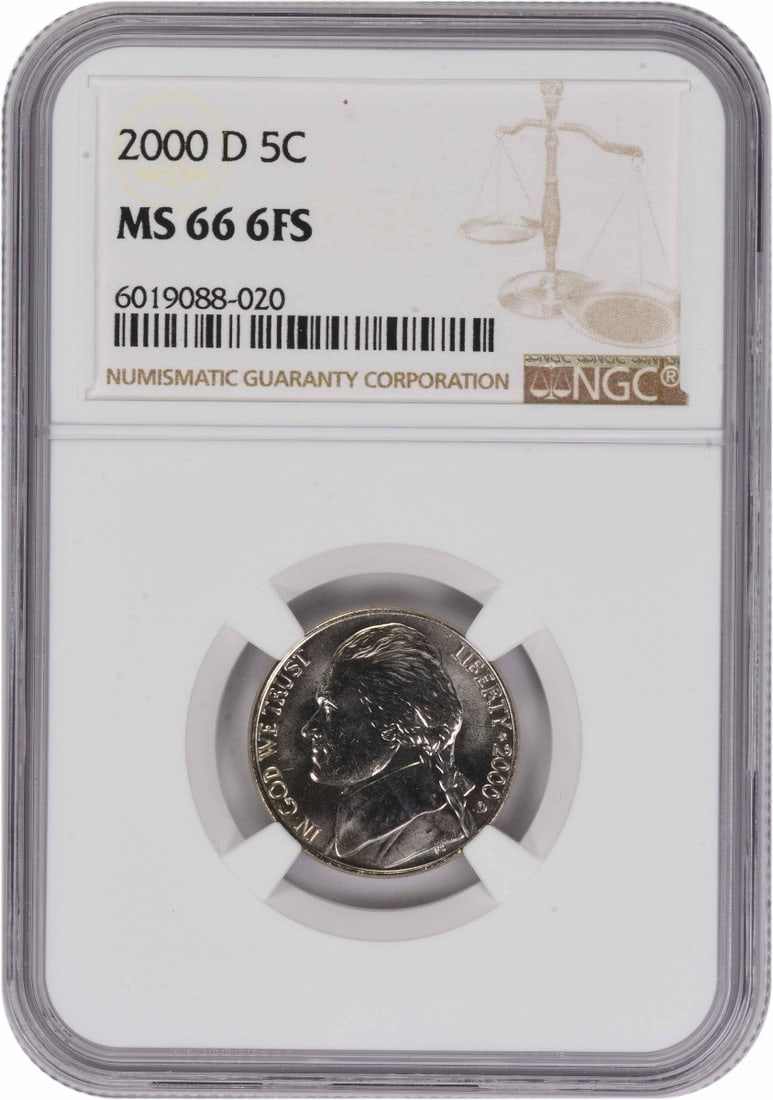 MS66 NGC 2000 Denver Jefferson Nickel 6 Full Steps: MS66 NGC 2000 Denver Jefferson Nickel 6 Full Steps This is a 2000-D Jefferson Nickel graded MS66 with 6 Full Steps by NGC. Featuring the design by Felix Schlag, this uncirculated coin was minted in De