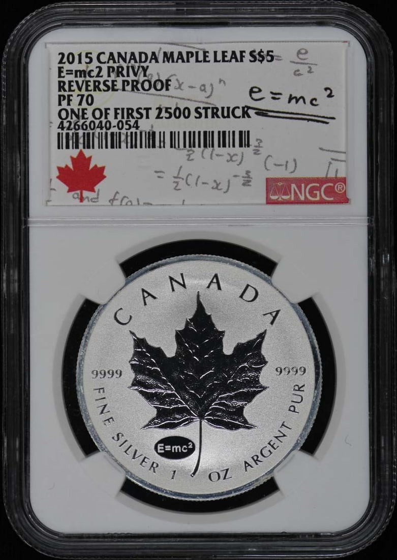 2015 Canada Maple Leaf E mc2 Privy NGC RP70 Silver Dollar: 2015 Canada Maple Leaf E mc2 Privy NGC RP70 Silver Dollar This 2015 Canada Maple Leaf E=mc2 Privy $5 coin is graded RP70 by NGC, indicating its pristine, uncirculated condition. It features the E=mc2 
