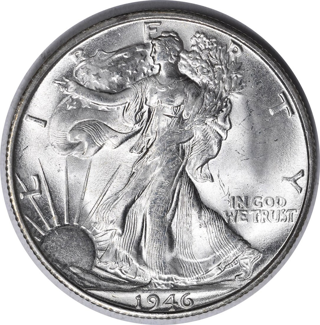 1946 S RPM1 Walking Liberty Half Dollar Silver Uncirculated Choice BU Plus: 1946 S RPM1 Walking Liberty Half Dollar Silver Uncirculated Choice BU Plus This 1946-S/S Walking Liberty Half Dollar is a silver coin from the United States, featuring the RPM1 variety. It is uncircul