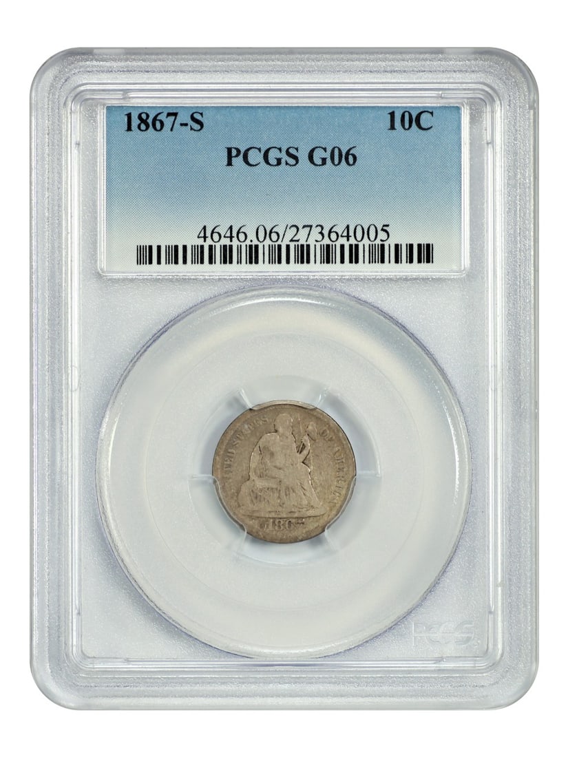 PCGS Good 06 1867-S Liberty Seated 10C San Francisco Dime: PCGS Good 06 1867-S Liberty Seated 10C San Francisco Dime This is an 1867 Liberty Seated Dime, minted in San Francisco and certified by PCGS with a grade of Good 06. The coin is circulated and feature