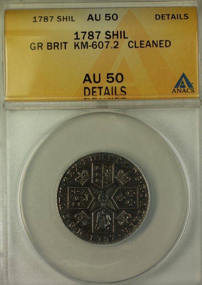 1787 British silver shilling ANACS AU-50 cleaned: 1787 British silver shilling ANACS AU-50 cleaned This 1787 Great Britain Shilling is composed of silver and has been certified by ANACS with a grade of AU-50 Details. The coin is circulated and has be