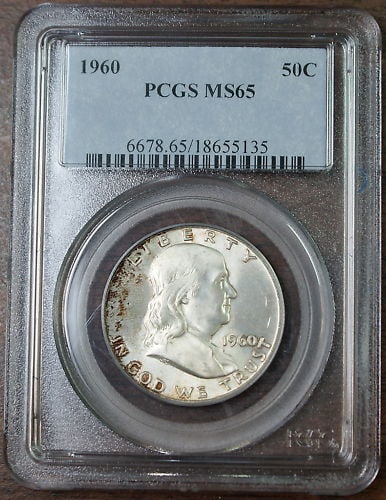 PCGS MS-65 1960 Franklin Half Dollar Silver Philadelphia Toned: PCGS MS-65 1960 Franklin Half Dollar Silver Philadelphia Toned This 1960 Franklin Silver Half Dollar was minted in Philadelphia and features a silver composition. It is graded MS-65 by PCGS and is unc