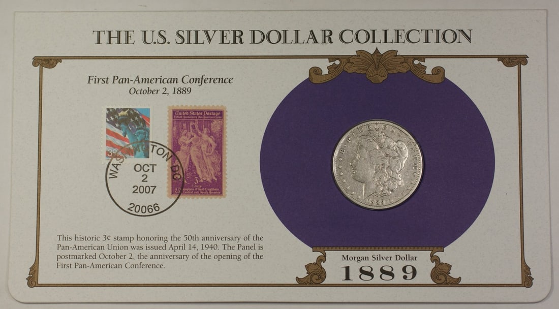 1889 Morgan Dollar Philadelphia in PCS Postmarked Holder with Two Stamps: 1889 Morgan Dollar Philadelphia in PCS Postmarked Holder with Two Stamps This is an 1889 Morgan Silver Dollar $1 coin from the United States, minted in Philadelphia. The coin is circulated and uncerti
