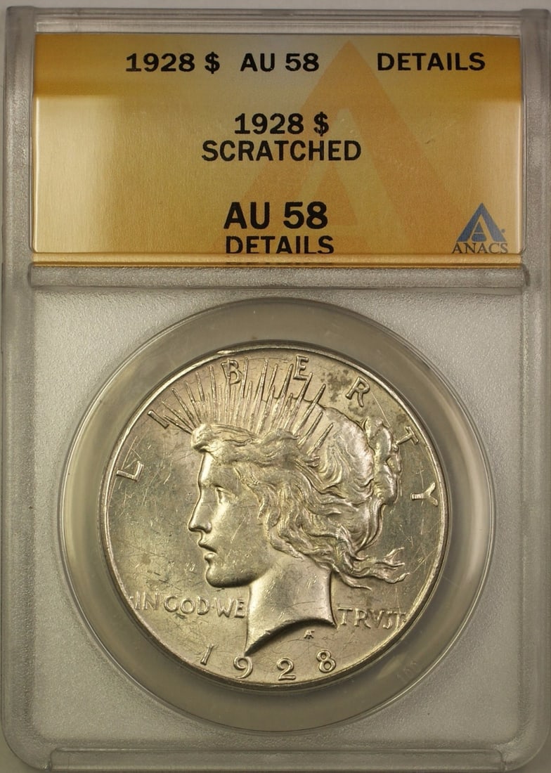 1928 Peace Dollar Silver $1 Philadelphia ANACS AU 58 Details Scratched: 1928 Peace Dollar Silver $1 Philadelphia ANACS AU 58 Details Scratched This 1928 Silver Peace Dollar $1 coin is certified by ANACS with an AU-58 Details grade and noted as having scratches. Minted in 
