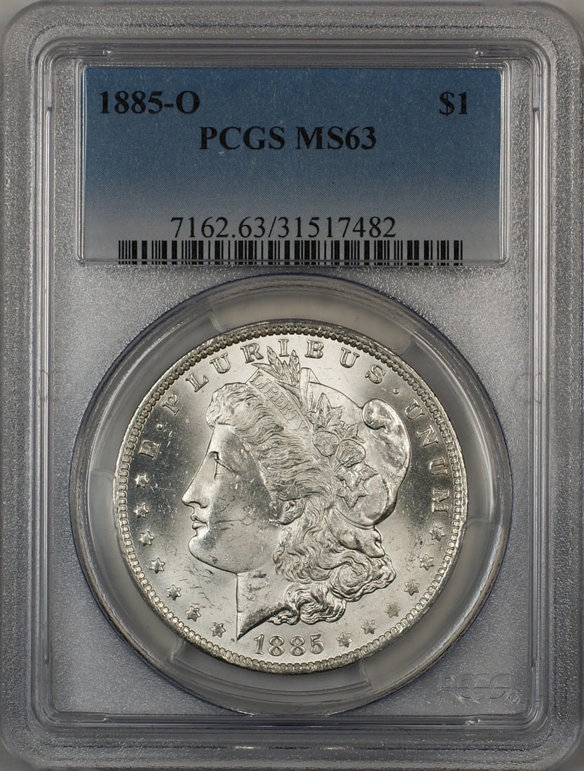 PCGS MS-63 1885-O Silver Dollar from New Orleans Mint: PCGS MS-63 1885-O Silver Dollar from New Orleans Mint This is an 1885-O Morgan Silver Dollar graded MS-63 by PCGS. Minted in New Orleans, this uncirculated coin is composed of silver and represents a 