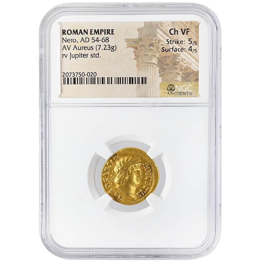 Nero AV Aureus NGC Ch VF Roman Imperial Gold Coin: Nero AV Aureus NGC Ch VF Roman Imperial Gold Coin This is an ancient Roman AV Aureus gold coin from the reign of Nero, dating from AD 54-68. The coin is graded Choice Very Fine (Ch VF) and has been ce
