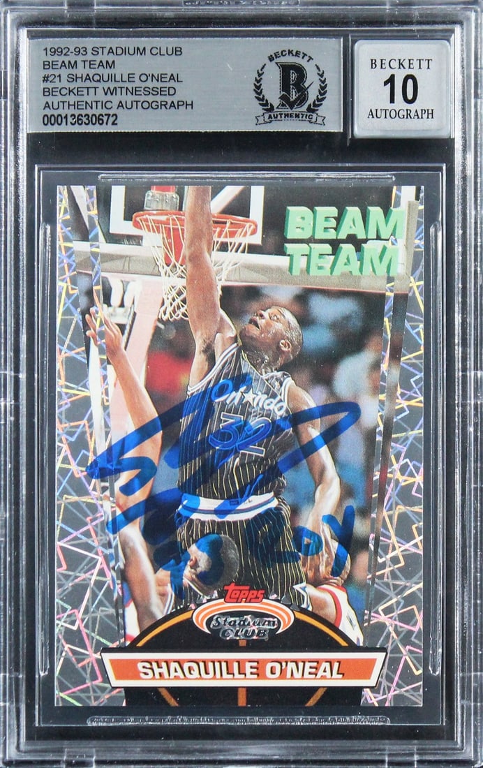 Shaquille O Neal 1992 Stadium Club Beam Team RC Beckett Auto Slabbed: Shaquille O Neal 1992 Stadium Club Beam Team RC Beckett Auto Slabbed This is a 1992 Stadium Club Beam Team Members Only #21 rookie card featuring Shaquille O'Neal of the Orlando Magic. The card has be