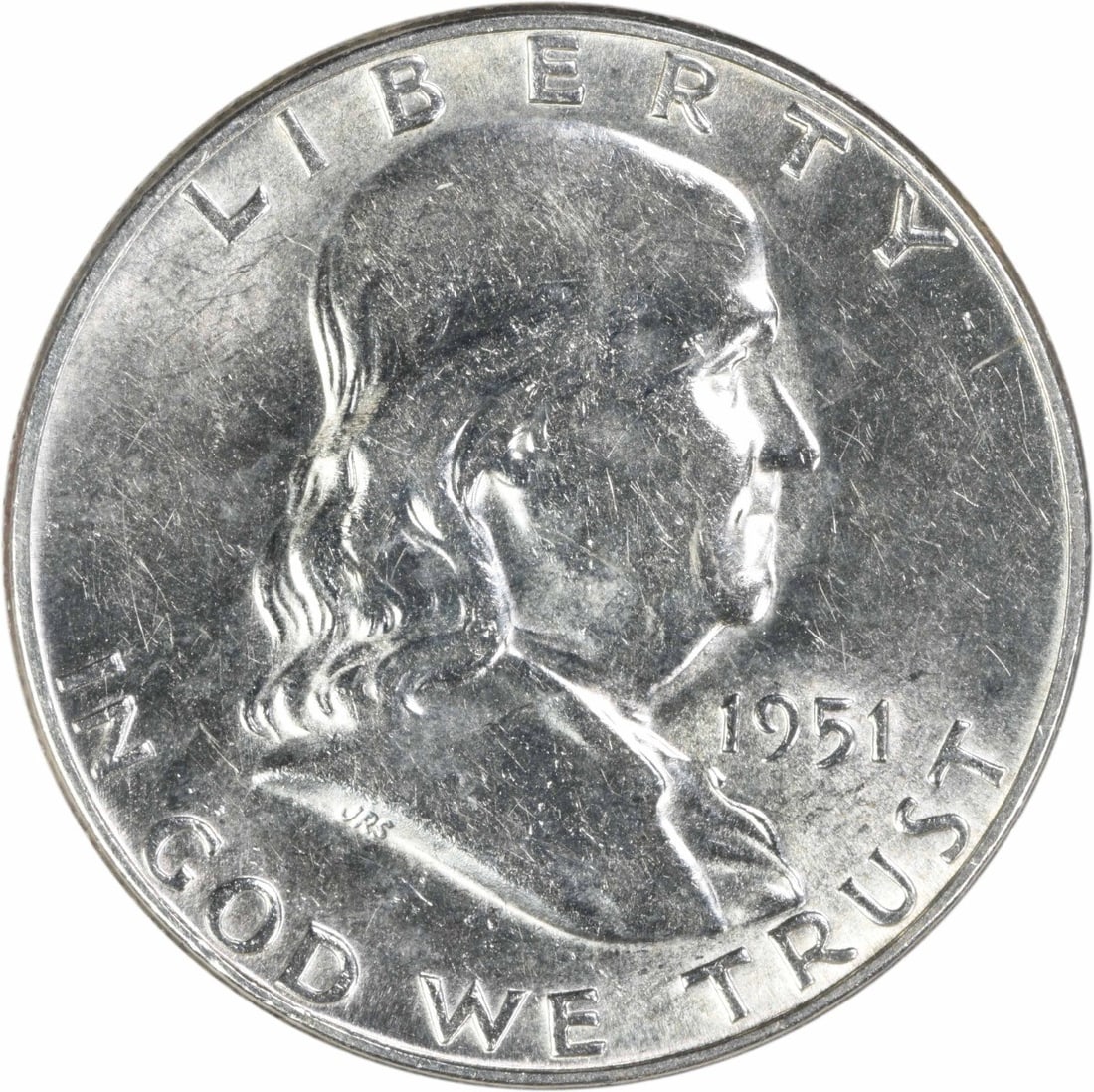 San Francisco 1951 Franklin Half Dollar 90 Percent Silver AU Grade Uncertified: San Francisco 1951 Franklin Half Dollar 90 Percent Silver AU Grade Uncertified This 1951-S Franklin Half Dollar is composed of 90% silver and 10% copper, minted in San Francisco. It is an uncertified 