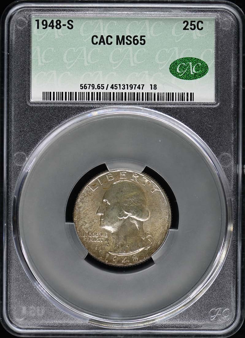 1948-S Washington Quarter CACG MS65 Uncirculated Coin: 1948-S Washington Quarter CACG MS65 Uncirculated Coin This 1948-S Washington Quarter is graded MS65 by CACG, indicating its high quality and uncirculated condition. Minted in San Francisco, this quart
