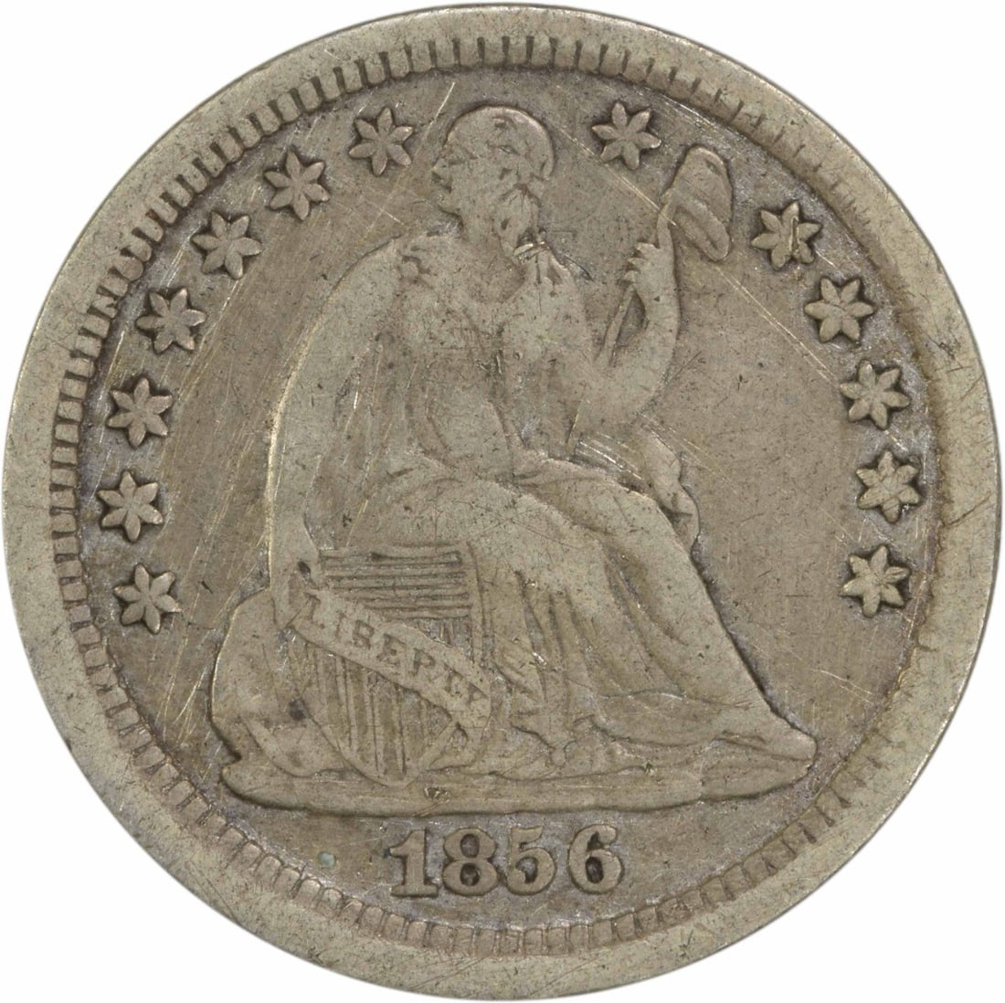 1856 Liberty Seated Half Dime Uncertified 90% Silver: 1856 Liberty Seated Half Dime Uncertified 90% Silver This 1856 Liberty Seated Half Dime showcases a classic design by Christian Gobrecht, representing a notable piece of American coinage. Struck at th