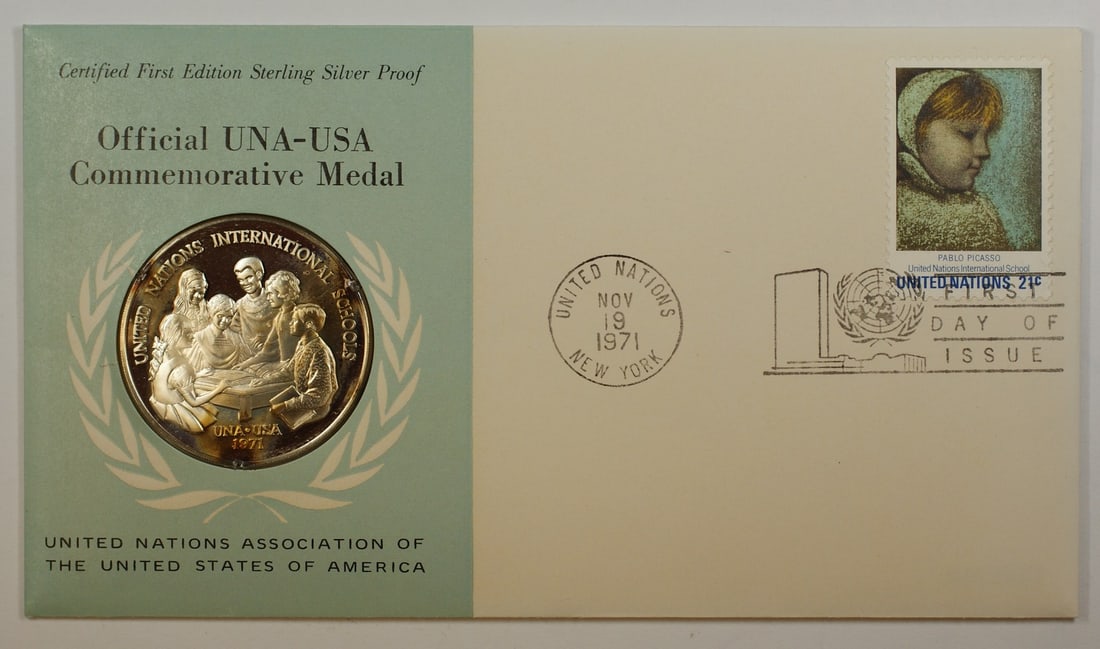 Franklin Mint 1971 UNA USA sterling silver proof medal FDI stamp (1 of 4)