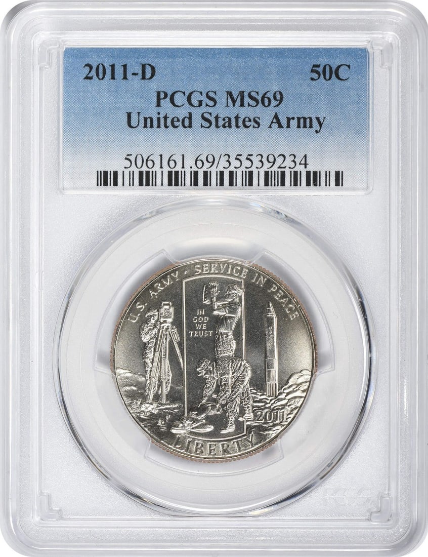 PCGS MS69 2011-D Army Commemorative Half Dollar Clad: PCGS MS69 2011-D Army Commemorative Half Dollar Clad This is a 2011-D United States Army Commemorative Half Dollar, graded MS69 by PCGS. The coin is uncirculated and features a reeded edge. It is comp